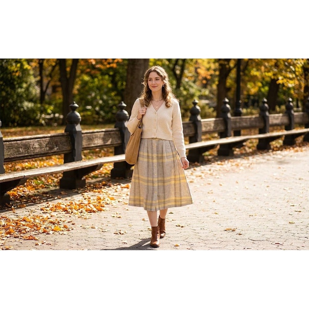 Summit Sportswear Vintage Plaid Linen Blend Midi Skirt YellowGrey Button Front10